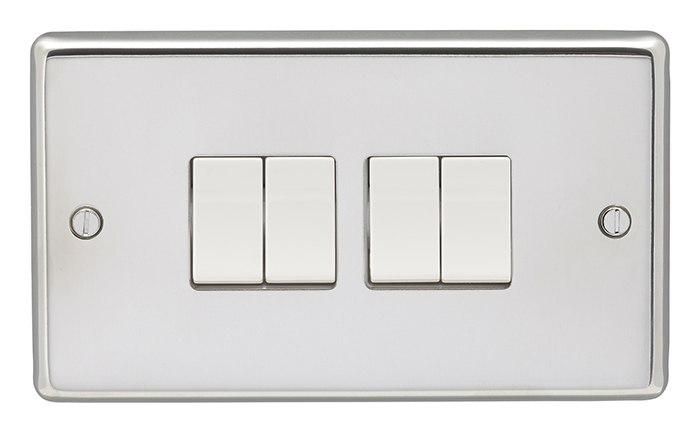 Eurolite Pss4Sww 4 Gang 10Amp 2Way Switch Round Edge Polished Stainless Steel Plate White Rockers
