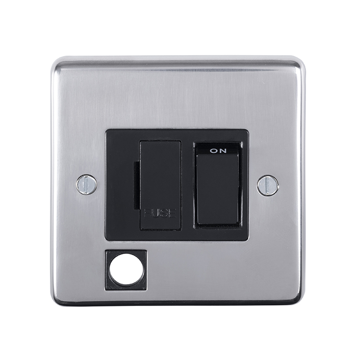 Eurolite Pssswffob 13Amp Dp Switched Fuse Spur With Flex Outlet Round Edge Polished Stainless Steel Plate Black Rocker