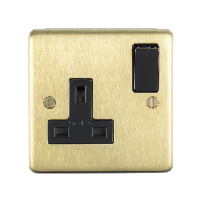 Eurolite Sb1Sob 1 Gang 13Amp Dp Switched Socket Round Edge Satin Brass Plate Black Rocker