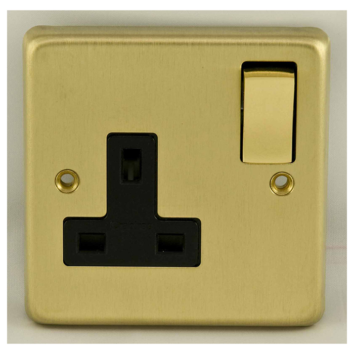 Eurolite Sb1Sopbb 1 Gang 13Amp Dp Switched Socket Round Edge Satin Brass Plate Polished Brass Rocker Black Trim