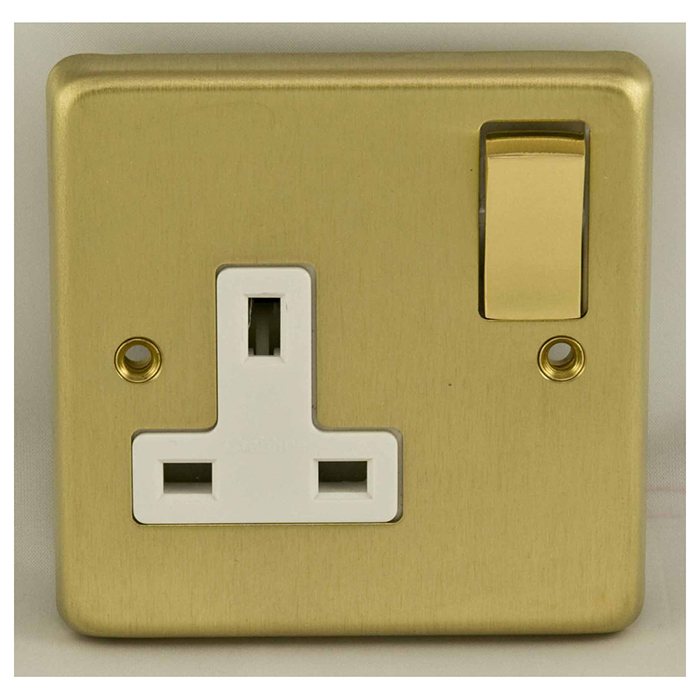 Eurolite Sb1Sopbw 1 Gang 13Amp Dp Switched Socket Round Edge Satin Brass Plate Polished Brass Rocker White Trim