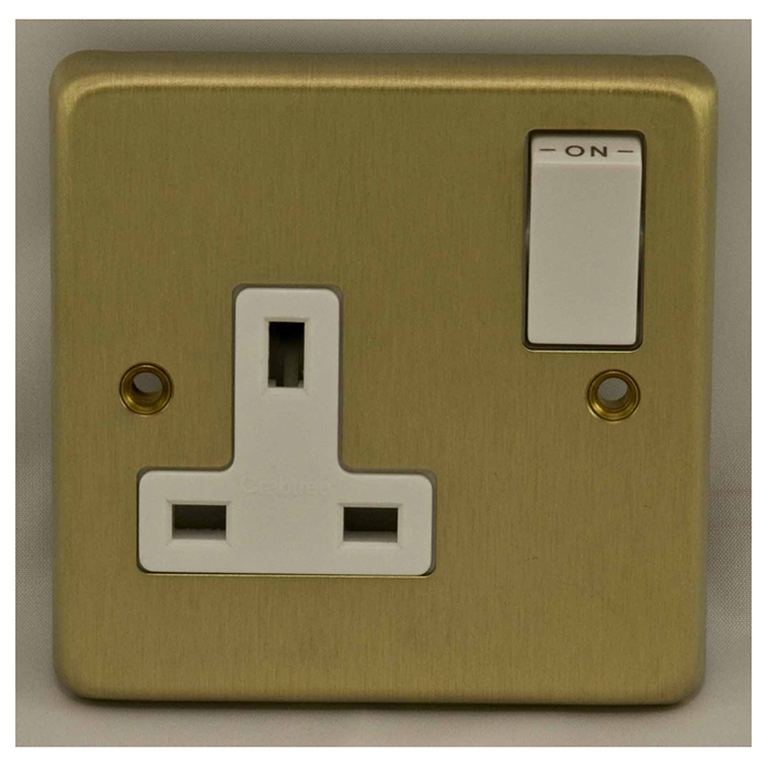 Eurolite Sb1Sow 1 Gang 13Amp Dp Switched Socket Round Edge Satin Brass Plate White Rocker