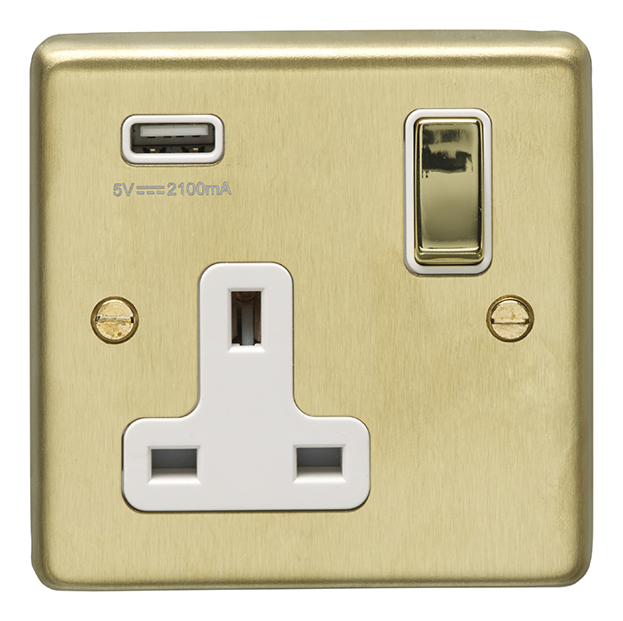 Eurolite Sb1Usbpbw 1 Gang 13Amp Switched Socket With 2.1 Amp Usb Outlet Round Edge Satin Brass Plate Matching Rocker White Trim
