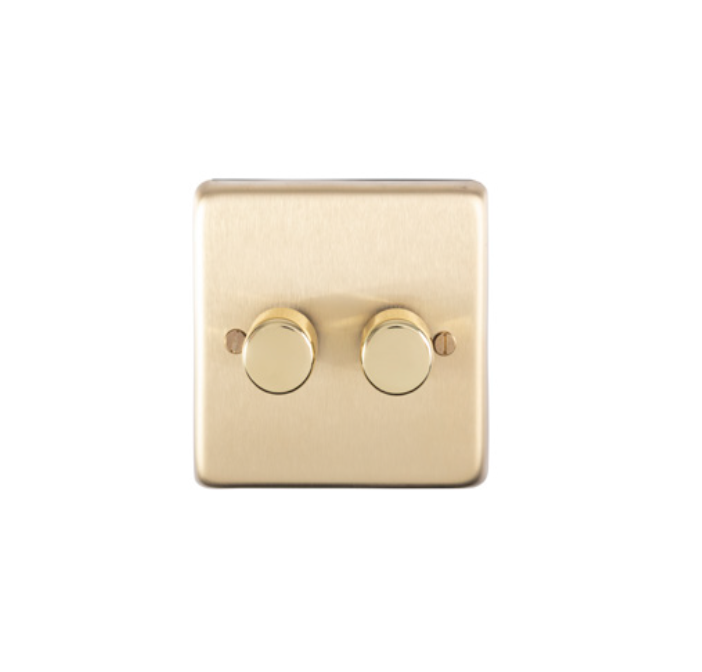 Eurolite Sb2Dled 2 Gang Led Push On Off 2Way Dimmer Round Edge Satin Brass Plate Polished Brass Knobs