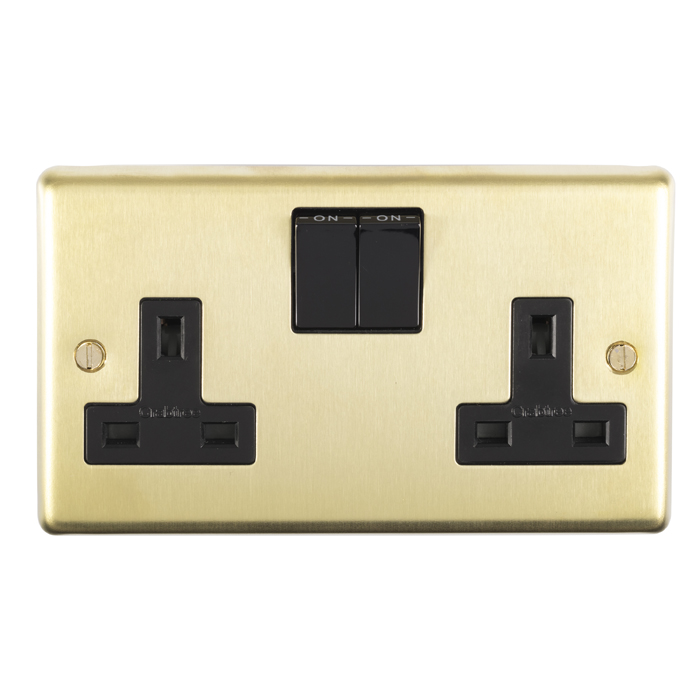 Eurolite Sb2Sob 2 Gang 13Amp Dp Switched Socket Round Edge Satin Brass Plate Black Rockers