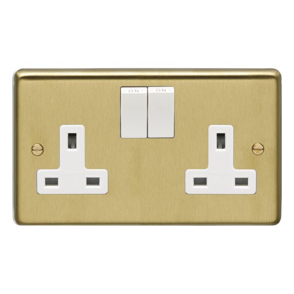 Eurolite Sb2Sow 2 Gang 13Amp Dp Switched Socket Round Edge Satin Brass Plate White Rockers