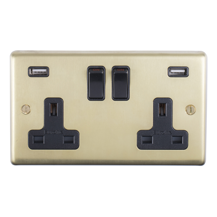 Eurolite Sb2Usbb 2 Gang 13Amp Switched Socket With Combined 4.8 Amp Usb Outlets Round Edge Satin Brass Plate Black Rockers