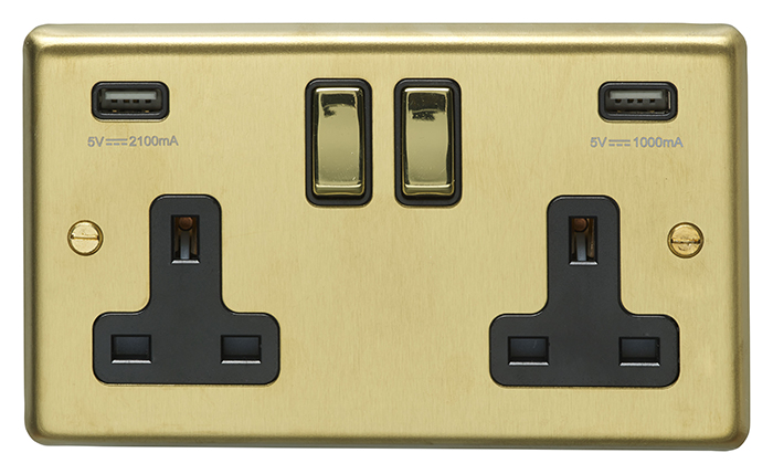 Eurolite Sb2Usbpbb 2 Gang 13Amp Switched Socket With Combined 3.1Ampusb Outlets Round Edge Satin Brass Plate Matching Rockers Black Trim
