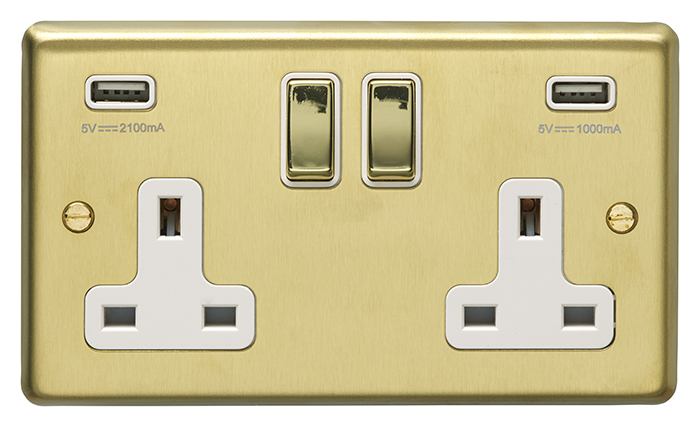 Eurolite Sb2Usbpbw 2 Gang 13Amp Switched Socket With Combined 3.1Ampusb Outlets Round Edge Satin Brass Plate Matching Rockers White Trim