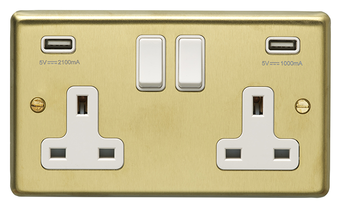 Eurolite Sb2Usbw 2 Gang 13Amp Switched Socket With Combined 4.8 Amp Usb Outlets Round Edge Satin Brass Plate White Rockers