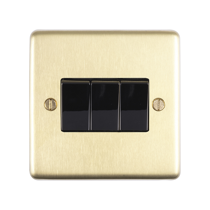 Eurolite Sb3Swb 3 Gang 10Amp 2Way Switch Round Edge Satin Brass Plate Black Rockers