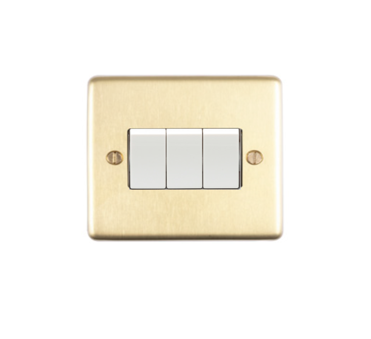 Eurolite Sb3Sww 3 Gang 10Amp 2Way Switch Round Edge Satin Brass Plate White Rockers