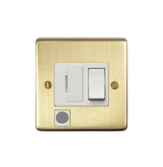 Eurolite Sbswffow 13Amp Dp Switched Fuse Spur & Flex Outlet Round Edge Satin Brass Plate White Rocker