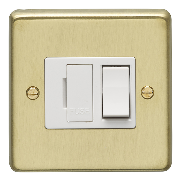 Eurolite Sbswfw 13Amp Dp Switched Fuse Spur Round Edge Satin Brass Plate White Rocker