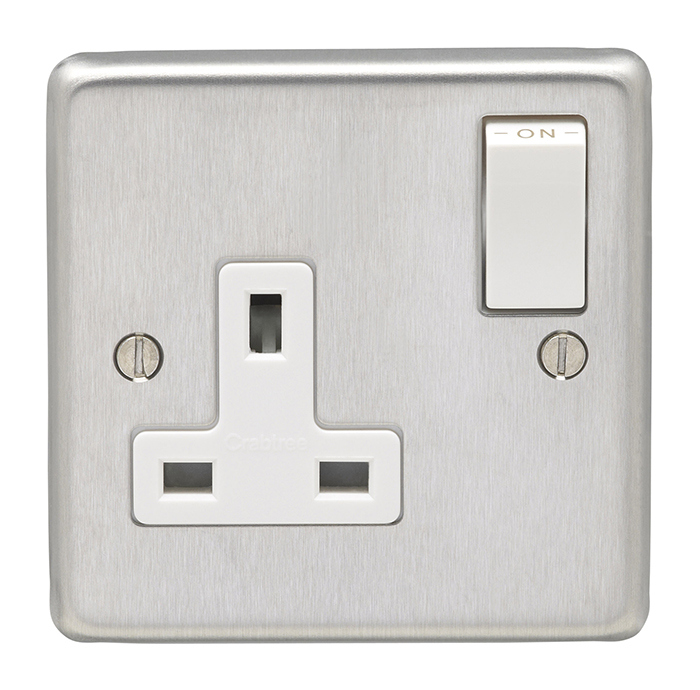 Eurolite Sss1Sow 1 Gang 13Amp Dp Switched Socket Round Edge Satin Stainless Steel Plate White Rocker