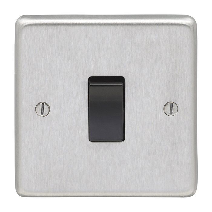 Eurolite Sss1Swb 1 Gang 10Amp 2Way Switch Round Edge Satin Stainless Steel Plate Black Rocker