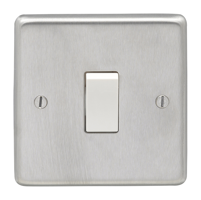 Eurolite Sss1Sww 1 Gang 10Amp 2Way Switch Round Edge Satin Stainless Steel Plate White Rocker