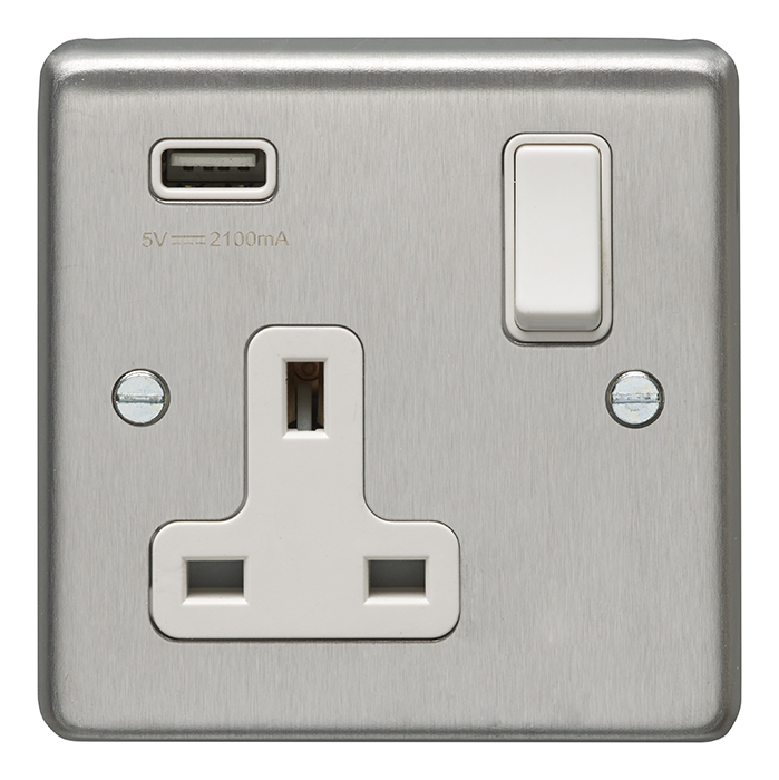 Eurolite Sss1Usbw 1 Gang 13Amp Switched Socket With 2.1 Amp Usb Outlet Round Edge Satin Stainless Steel Plate White Rocker