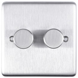Eurolite Sss2D400 2 Gang 400W Push On Off 2Way Dimmer Round Edge Satin Stainless Steel Plate Matching Knobs