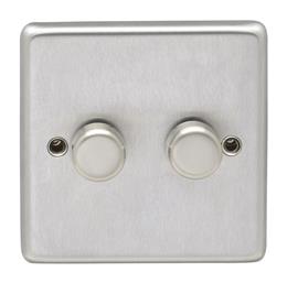 Eurolite Sss2Dled 2 Gang Led Push On Off 2Way Dimmer Round Edge Satin Stainless Steel Plate Matching Knobs