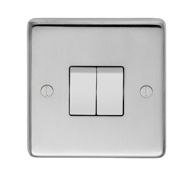 Eurolite Sss2Sw 2 Gang 10Amp 2Way Switch Round Edge Satin Stainless Steel Plate Matching Rockers