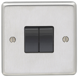 Eurolite Sss2Swb 2 Gang 10Amp 2Way Switch Round Edge Satin Stainless Steel Plate Black Rockers