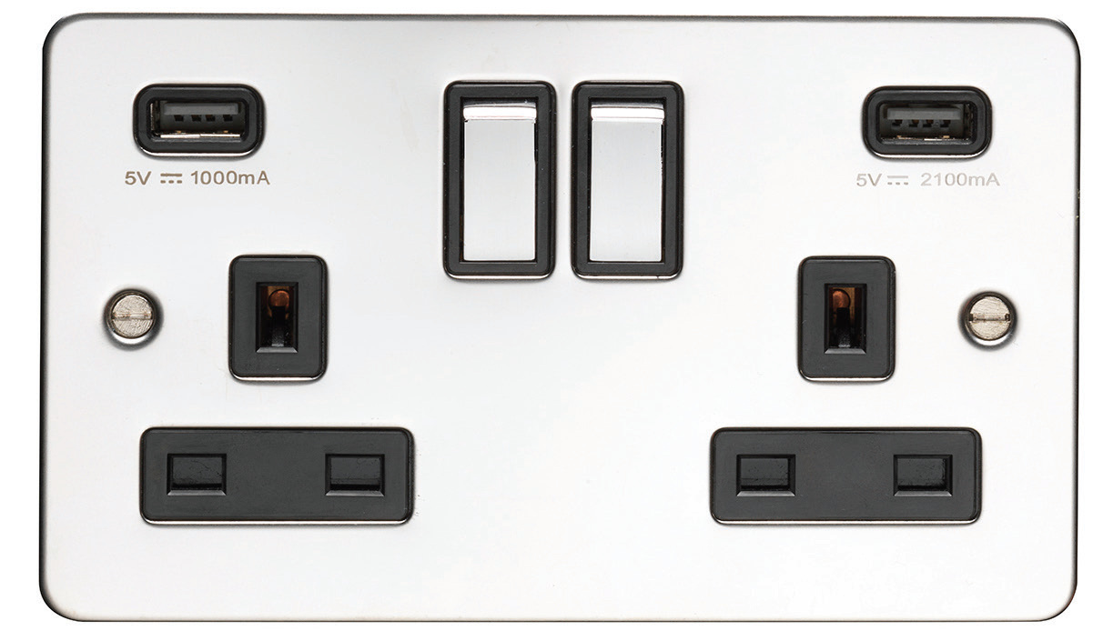 Eurolite Sss2Usbssb 2Gang13Amp Switched Socket With Comb 4.8 Ampusboutlets Round Edge Satin Stainless Steel Plate Match Rockers Black Trim