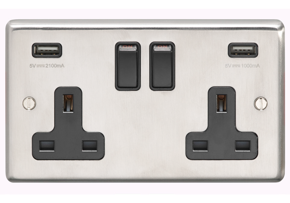 Eurolite Sss2Usbb 2 Gang 13Amp Switched Socket With Combined 4.8 Amp Usb Outlets Round Edge Satin Stainless Steel Plate Black Rockers