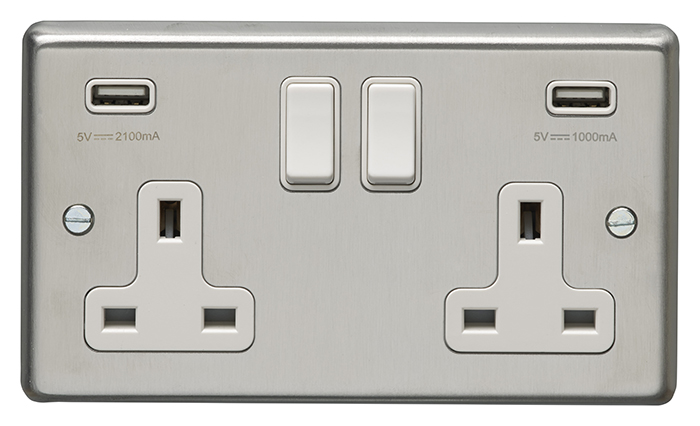 Eurolite Sss2Usbw 2 Gang 13Amp Switched Socket With Combined 4.8 Amp Usb Outlets Round Edge Satin Stainless Steel Plate White Rockers
