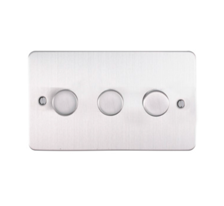 Eurolite Sss3D400 3 Gang 400W Push On Off 2Way Dimmer Round Edge Satin Stainless Steel Plate Matching Knobs