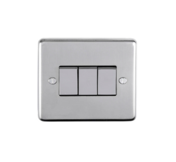 Eurolite Sss3Sw 3 Gang 10Amp 2Way Switch Round Edge Satin Stainless Steel Plate Matching Rockers