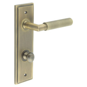 Piccadilly Door Handle Din Bathroom Backplate Antique Brass & Turn & Release