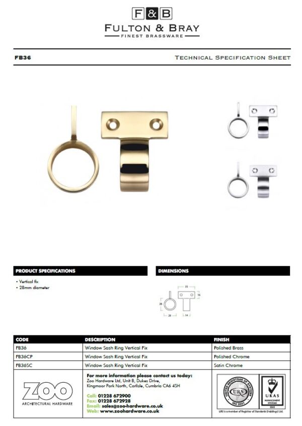 Zoo Hardware Fulton & Bray Vertical Fix Window Sash Ring, Polished Brass - Image 2