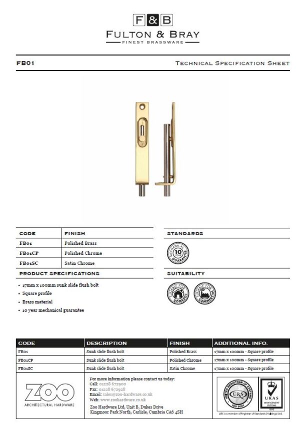 Zoo Hardware Fulton & Bray Sunk Slide Flush Bolt (17Mm X 100Mm), Polished Brass - Image 2