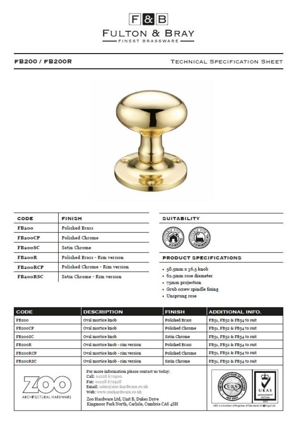 Zoo Hardware Fulton & Bray Oval Mortice Door Knobs, Polished Brass (Sold In Pairs) - Image 2