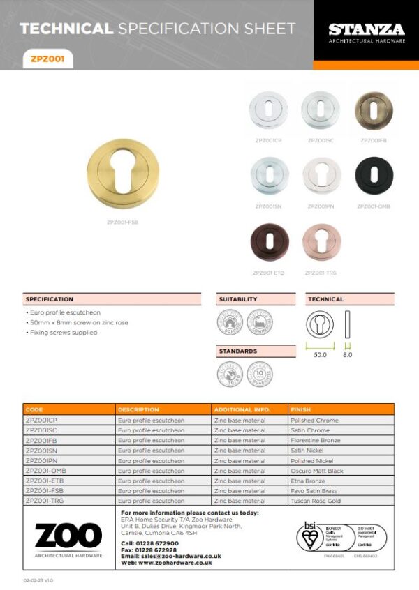 Zoo Hardware Stanza Euro Profile Escutcheon, 50mm screw on rose dia - Image 3