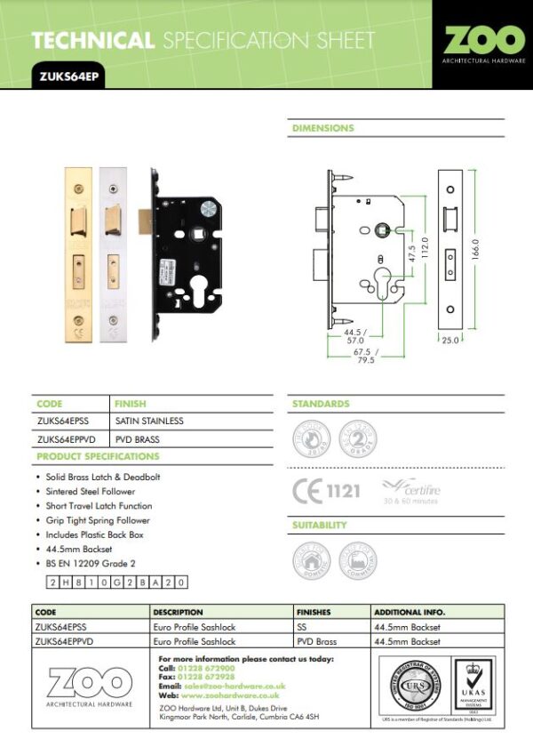 Zoo Hardware Euro Profile Sashlock Satin Stainless Brass Finish - Anti Tarnish - Image 2