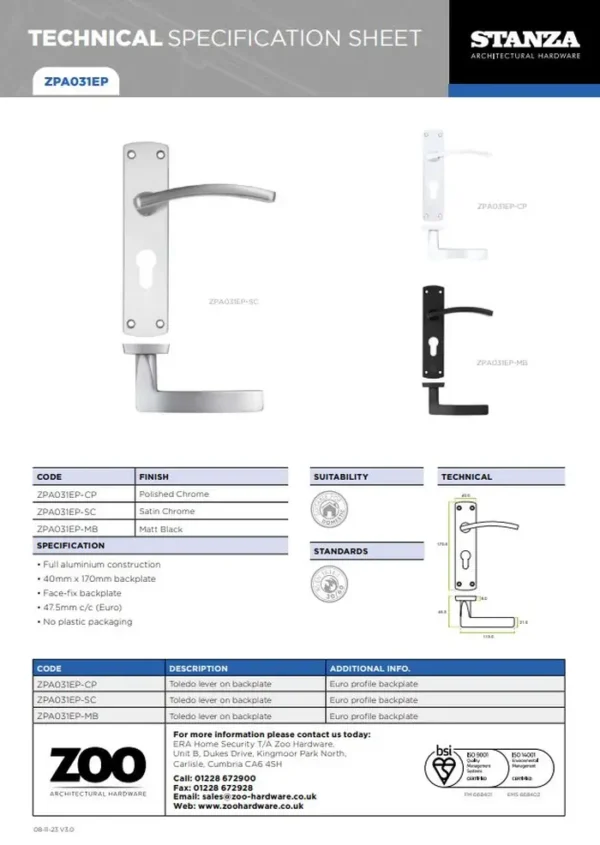 Zoo Hardware ZPA031EP-CP Toledo Door Handle on Euro Backplate Polished Chrome - Image 2