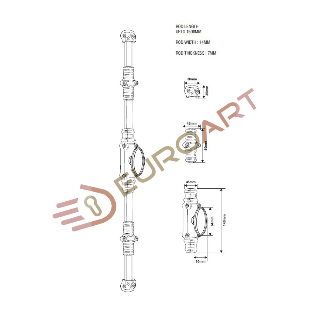 Hampton Reeded Cremone Bolt by Euro Art | Solid Brass Espagnolette Bolt - Image 4